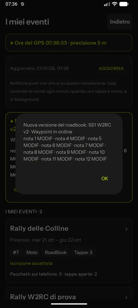 L'avviso di una nuova versione del roadbook con le note MODIF