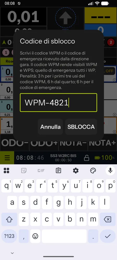 La finestra Codice di sblocco con il codice WPM scritto