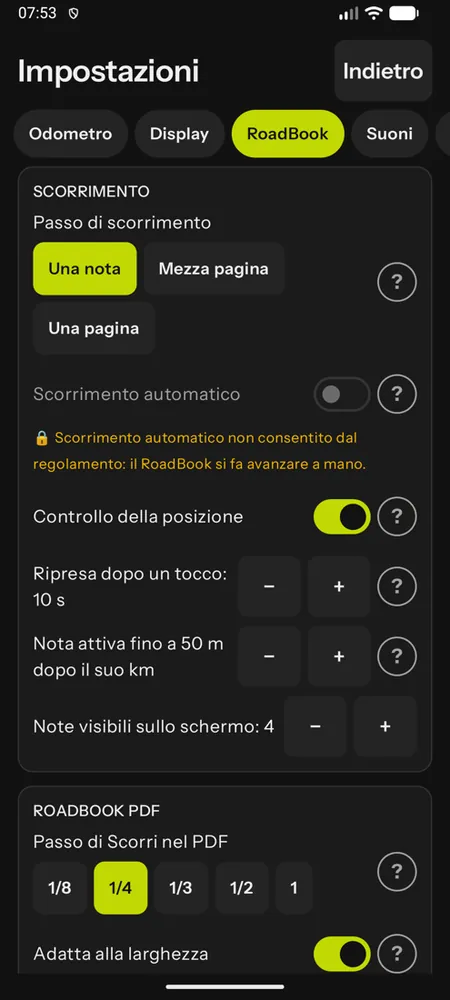 La scheda RoadBook con lo scorrimento automatico bloccato e il passo dei RoadBook PDF