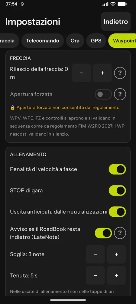 La scheda Waypoint con la freccia, l'apertura forzata e le regole dell'allenamento con LateNote