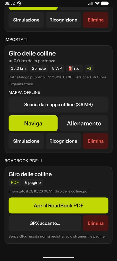 La libreria con la sezione dei RoadBook PDF, Apri il RoadBook PDF e GPX accanto