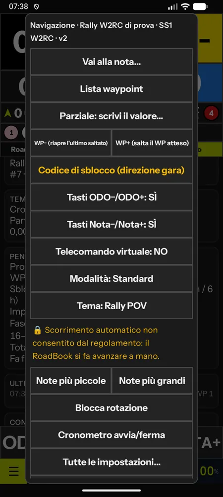 Il menu con Codice di sblocco (direzione gara) e lo scorrimento automatico non consentito