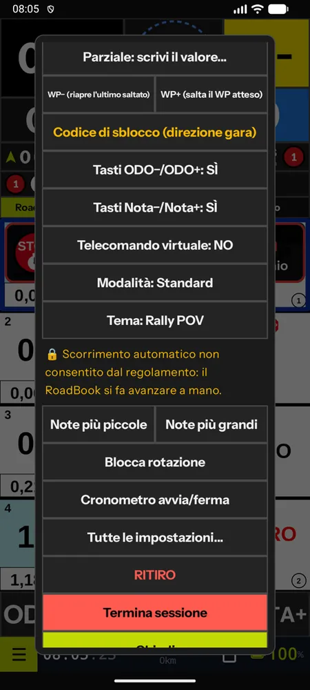 Il menu del cockpit che scorre fino a Ritiro e Termina sessione
