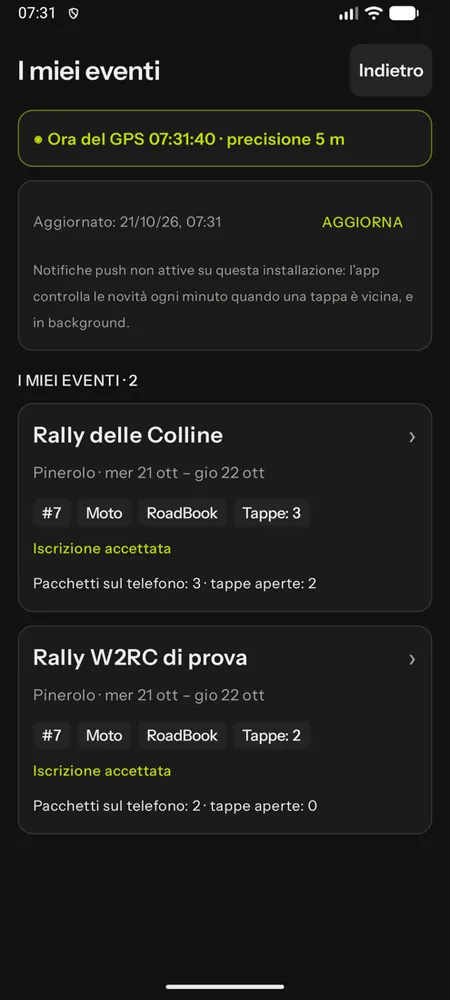 I miei eventi con l'ora del GPS e l'evento a cui si è iscritti