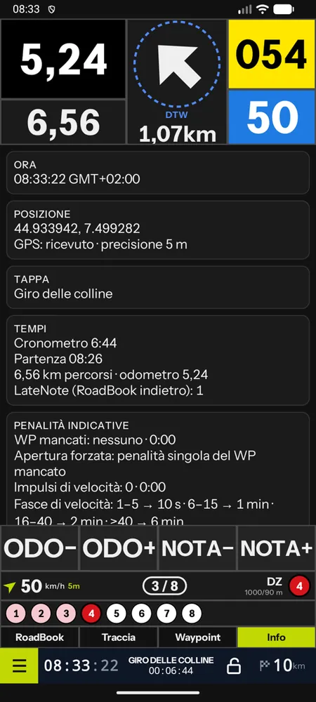 Il pannello Info con ora, posizione, tappa, tempi e penalità indicative