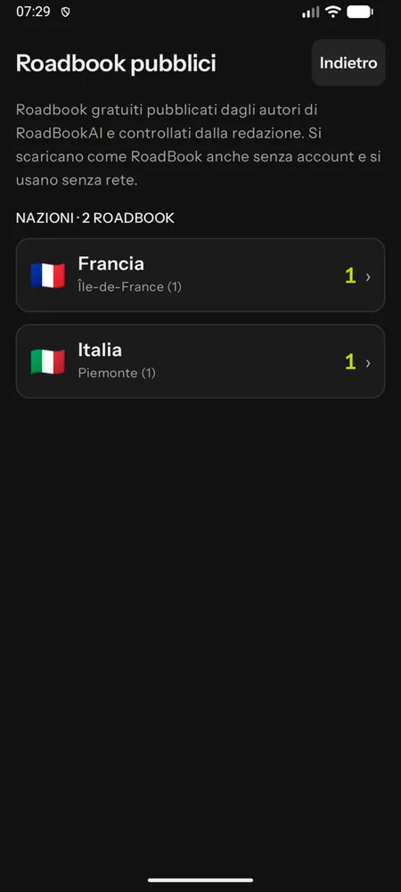 Le nazioni del catalogo pubblico nell'app, con le bandiere e il numero di roadbook