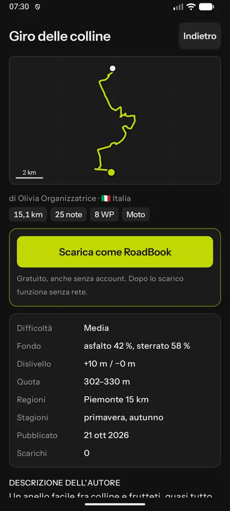 La scheda di un roadbook pubblico con la mappa semplificata e Scarica come RoadBook
