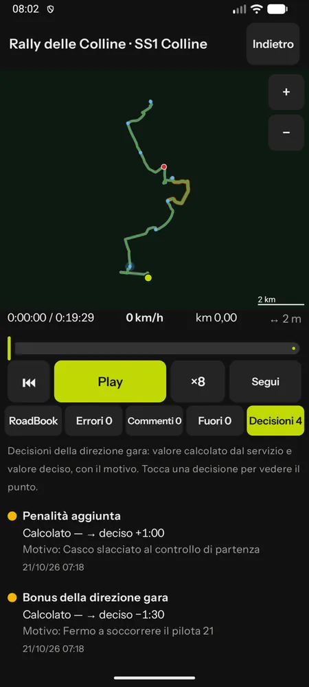 La scheda Decisioni del replay con la penalità e il bonus della direzione gara