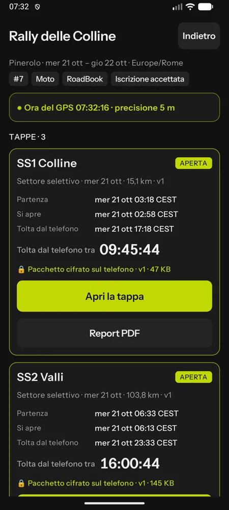 Le tappe di un evento con Report PDF sotto la tappa chiusa