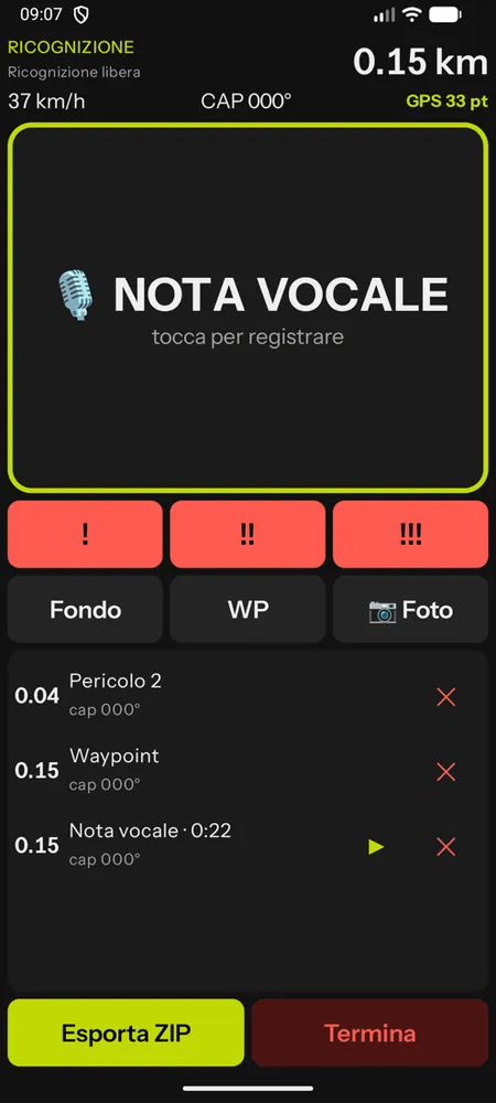 La ricognizione su Android con NOTA VOCALE, i marcatori e l'elenco, Esporta ZIP