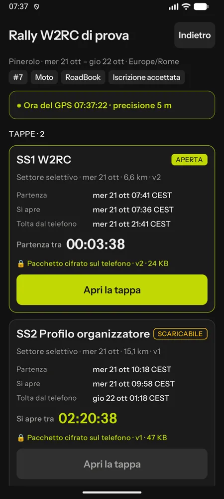 La SS1 aperta con il pulsante Apri la tappa e la SS2 scaricabile