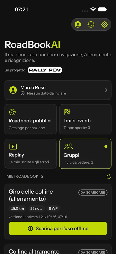 La schermata iniziale con account, Roadbook pubblici, I miei eventi e I miei roadbook
