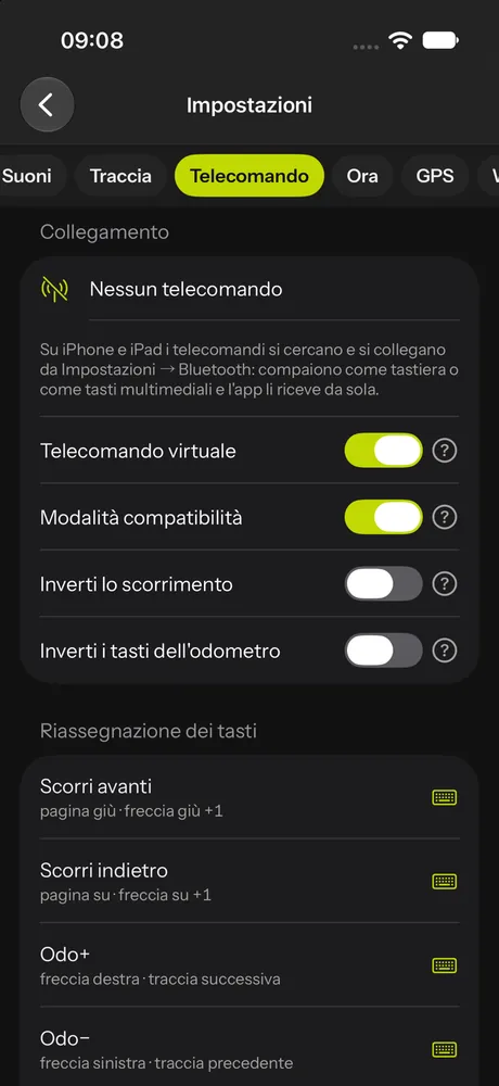 La scheda Telecomando di iPhone con il telecomando virtuale e la riassegnazione dei tasti