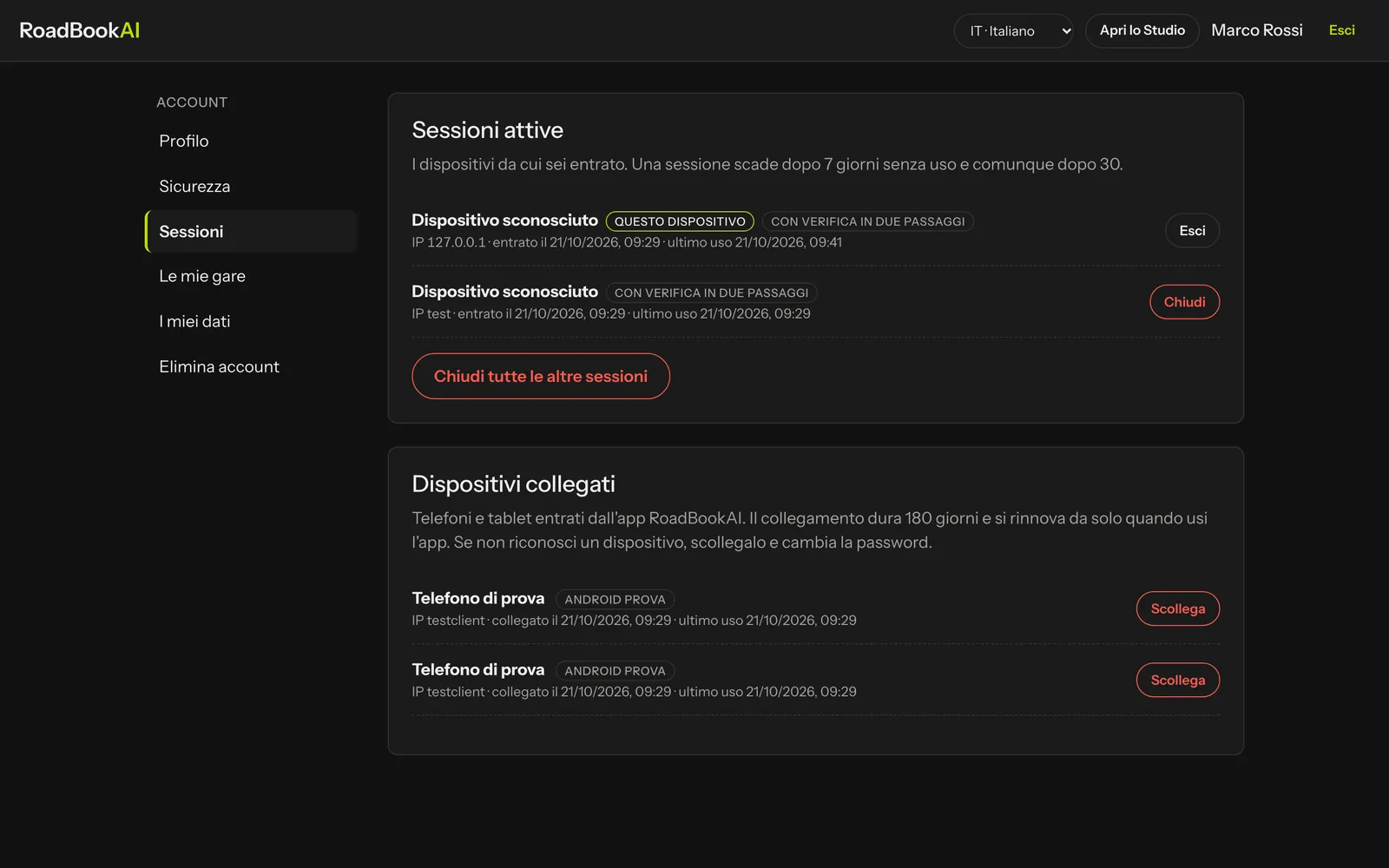 Sessioni attive e Dispositivi collegati nell'area utente