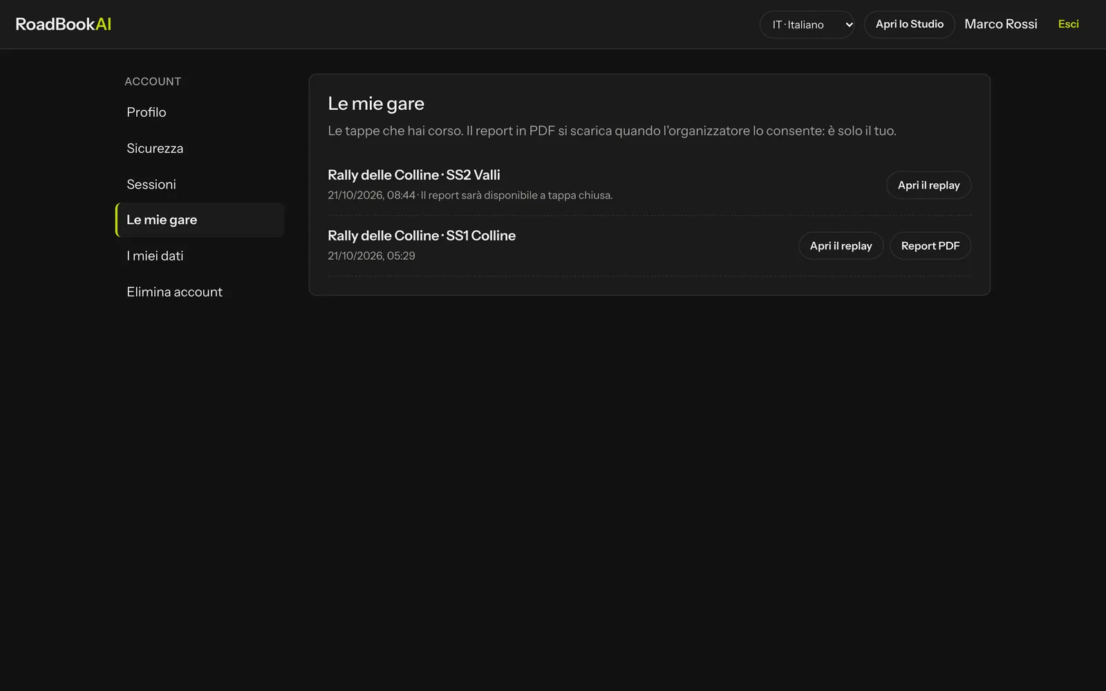 Le mie gare nell'area personale, con il replay e il report PDF