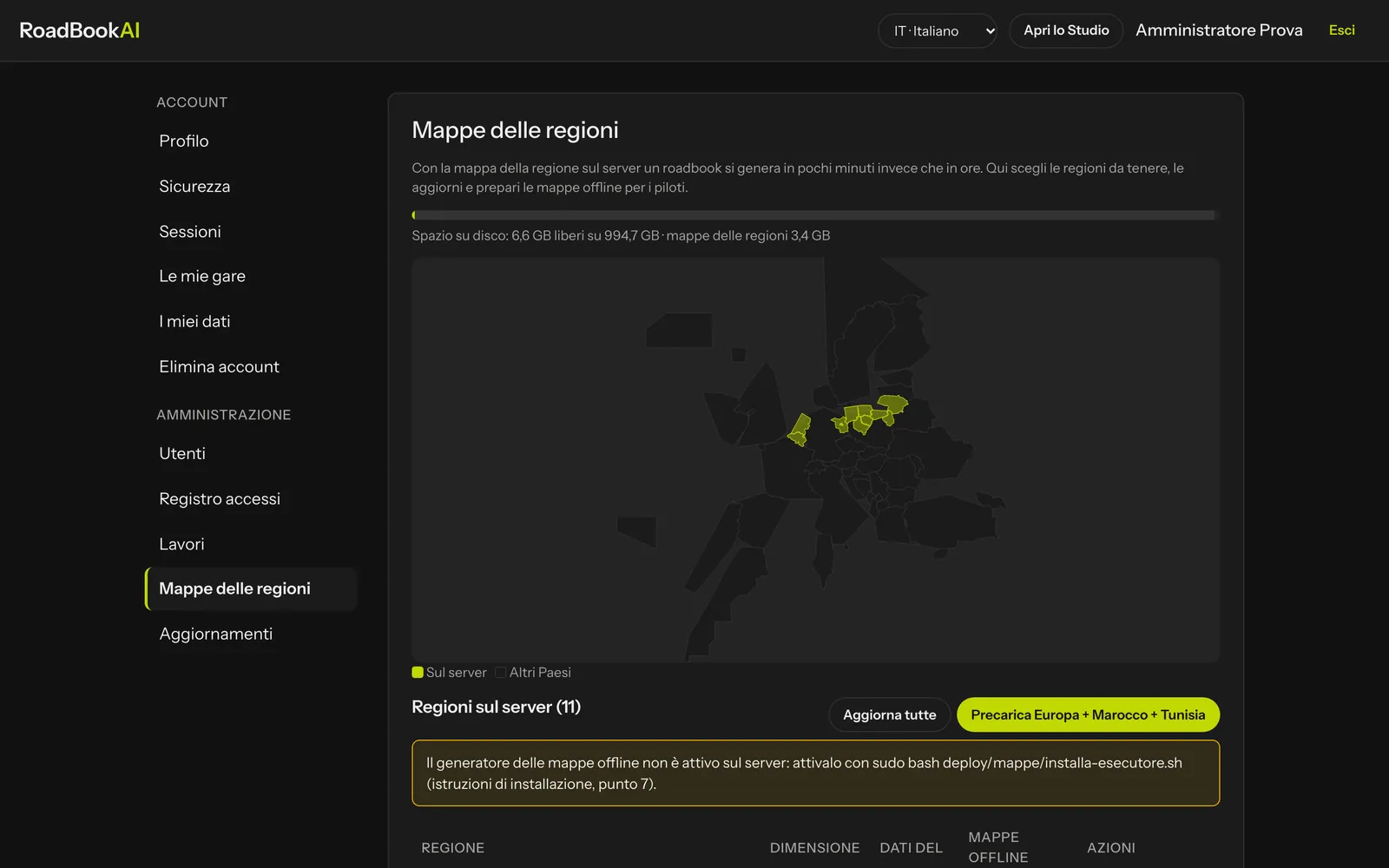 La pagina Mappe delle regioni con la copertura, lo spazio su disco e le regioni sul server