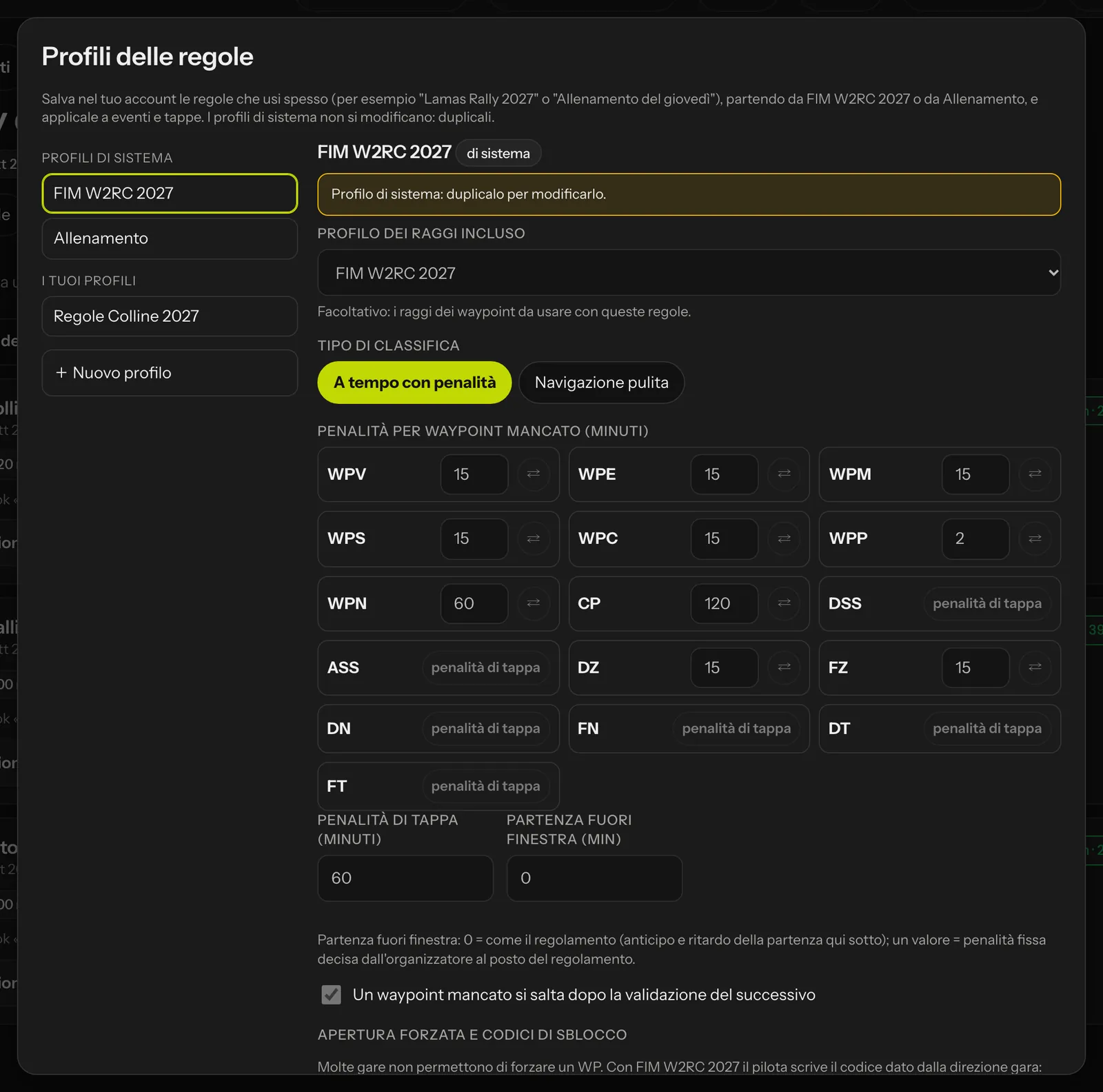 La pagina Profili delle regole con il profilo di sistema FIM W2RC 2027 e il profilo Regole Colline 2027