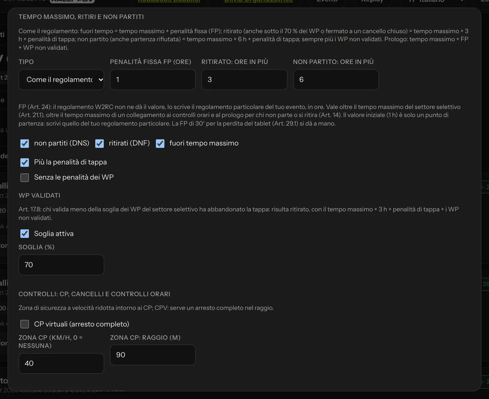 Tempo massimo con la FP in ore, WP validati, controlli