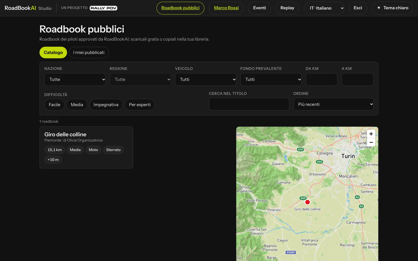 Il catalogo dei roadbook pubblici nello Studio con i filtri e la mappa delle partenze