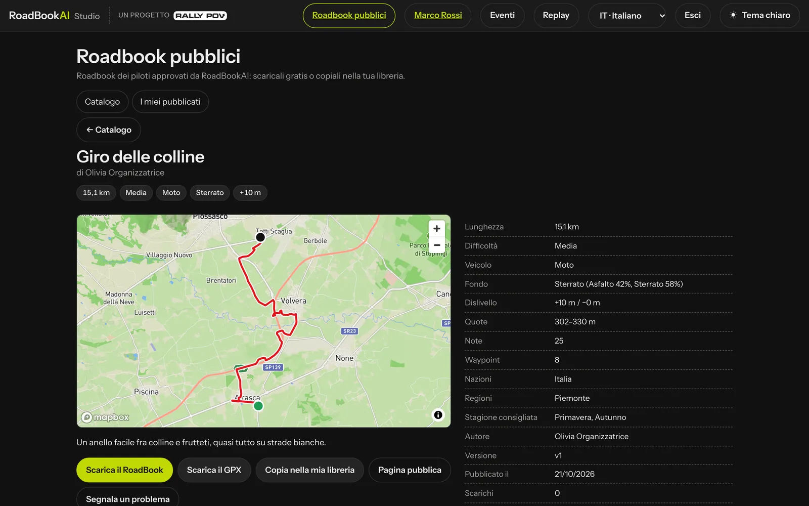 La scheda di un roadbook pubblico con mappa, dati e pulsanti