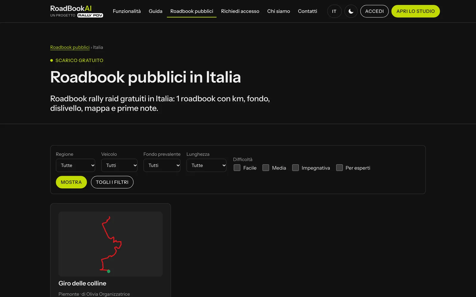 La pagina dei roadbook pubblici in Italia sul sito