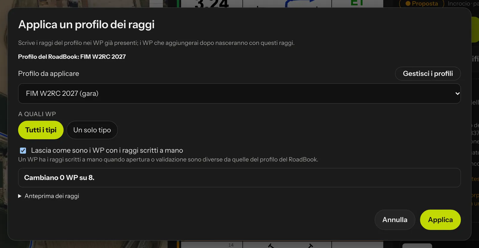 La finestra Applica un profilo dei raggi nell'editor