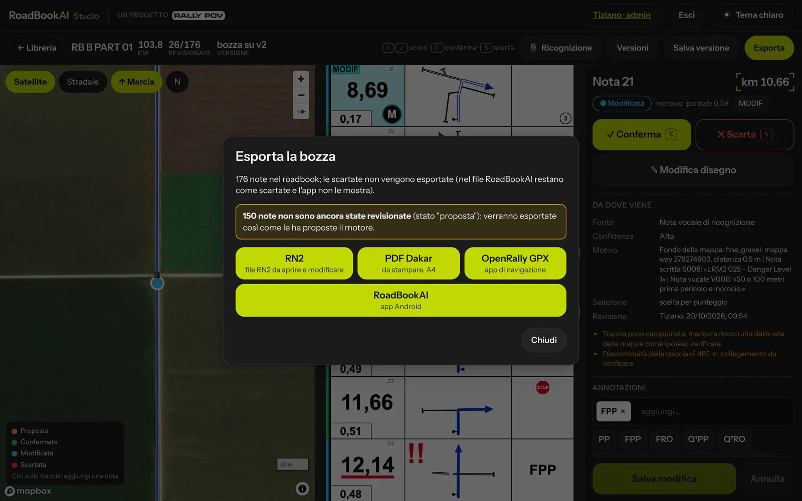 La finestra Esporta con i quattro formati