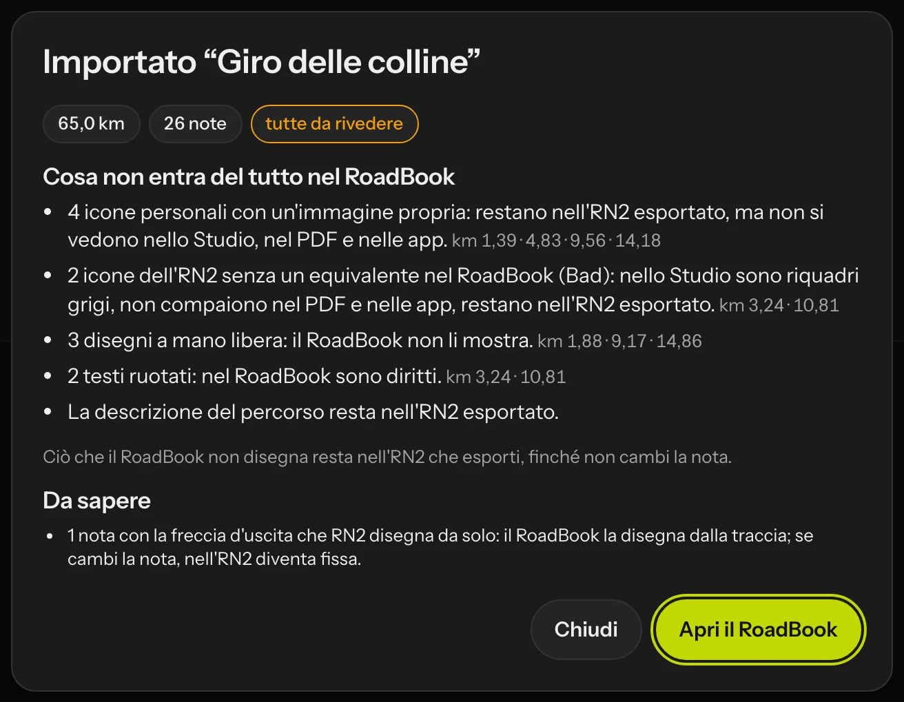 L'esito dell'importazione con le note, i waypoint e l'elenco di ciò che non entra del tutto nel RoadBook
